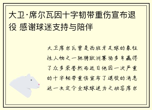 大卫·席尔瓦因十字韧带重伤宣布退役 感谢球迷支持与陪伴