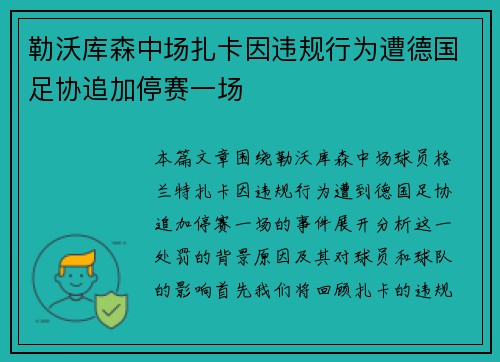 勒沃库森中场扎卡因违规行为遭德国足协追加停赛一场 勒沃库森中场扎卡因违规行为遭德国足协追加停赛一场